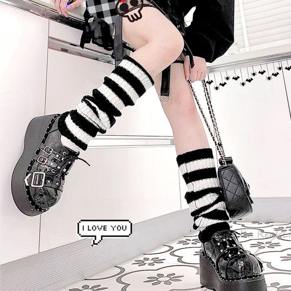 

socks & hosiery harajuku striped gothic loose long stockings women knitted winter sock streetwear japanese t404, Black;white