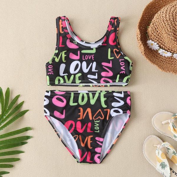 

girls summer swimsuit set children's clothing bikini with love letter pattern baby fashion one-pieces, Black