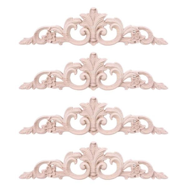 

4pcs exquisite wood carved onlay appliques for furniture cabinet unpainted wooden mouldings decal decoration wall stickers