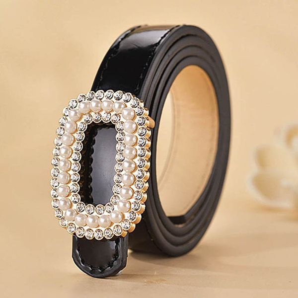 

children belts kids teenage girls accessories abdominal skinny belt pu leather dress student decoration pearl rhinestone buckle b7139, Black