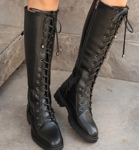 

boots brand megan black tan color knee-high 3cm heel fashion women 's boot