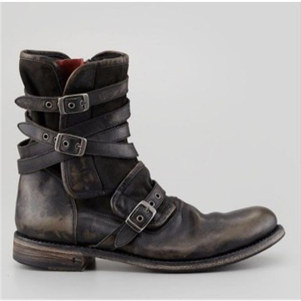 

2021 new round head belt buckle side zipper thick heel casual men's short boots large, Black