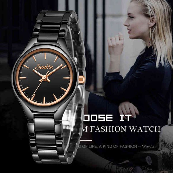 SUNKTA Marke Luxus Frauen Uhren Schwarz Keramik Uhr Frauen Kleid Quarz Armbanduhr Für Frauen Relogios Femininos Frau Geschenk Uhr 210517