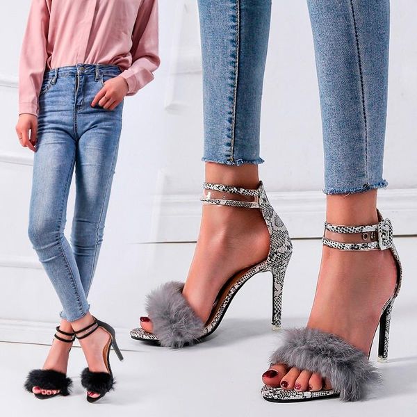 

sandals women high heels footwear fur ankle strap gladiator female wedding shoes stiletto, Black
