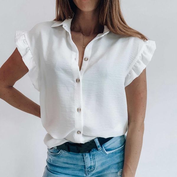 

women's blouses & shirts shirt womens buttons turndown collar ruffle sleeveless summer tank fashion woman chemise femme, White