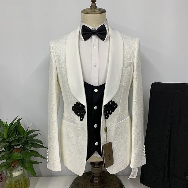 

men's suits & blazers 2021 men latest china style button design vest pants 3set europe ivory white for wedding party gentleman dress, White;black