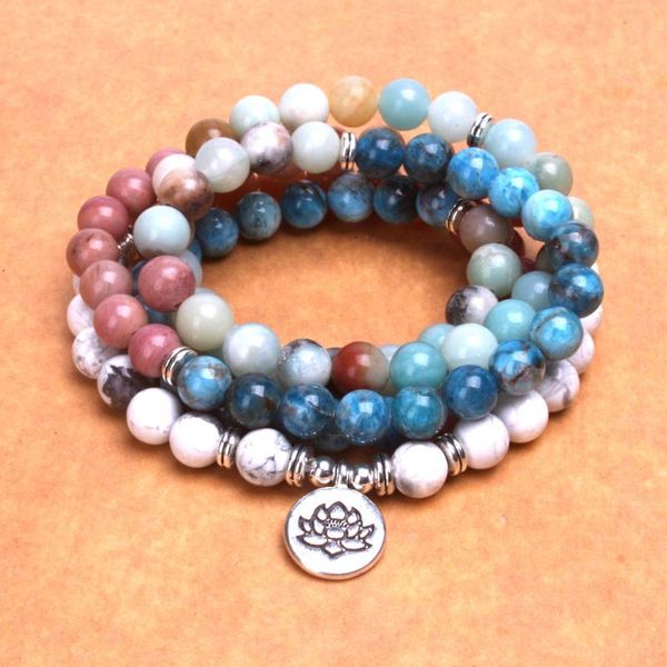 

charm bracelets natural stone with lotus 108 mala 8mm beads multi-layer strand bracelet & necklace yoga wrap for women jewelry, Golden;silver