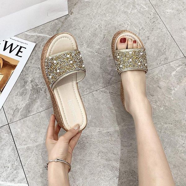 

slippers platform wedge women crystal sequin shoes summer casual open toe thick sole slides black gold 2021