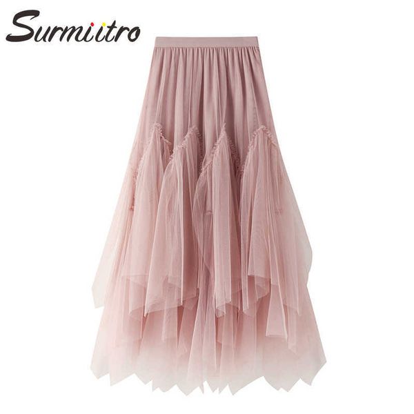 

surmiitro spring autumn women korean style pink black irregular mesh high waist school long maxi pleated skirt female 210712