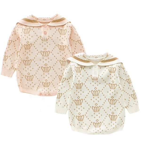 Meninas Nascidas Malhadas Romper Crown Style Roupas Algodão Lã Macacão Ruffle Bebê Bebés Balão 210417