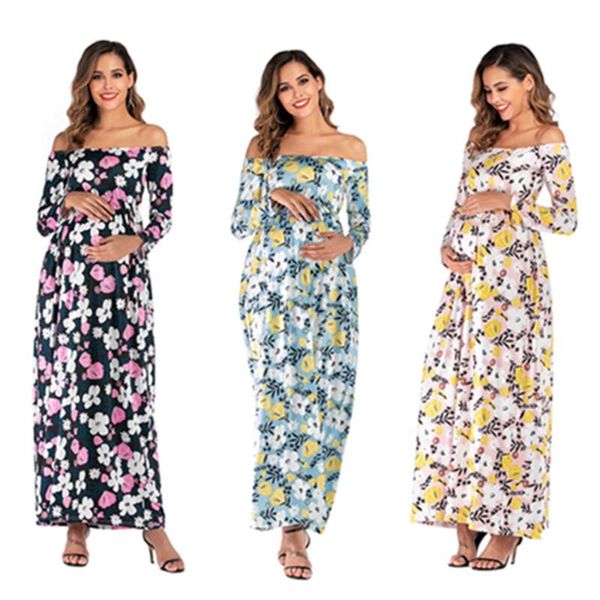

maternity dresses autumn skirts flowers printed thin pregnant woman clothing long sleeve spring summer shoulderless dress, White