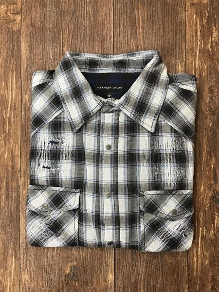 

men's casual shirts 100% cotton double yarns irregular destory holes vintage, White;black