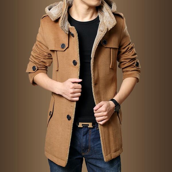 

men's trench coats woqn men nice winter fashion thick jackets fleece slim fit hooded coat long casual plus size, Tan;black
