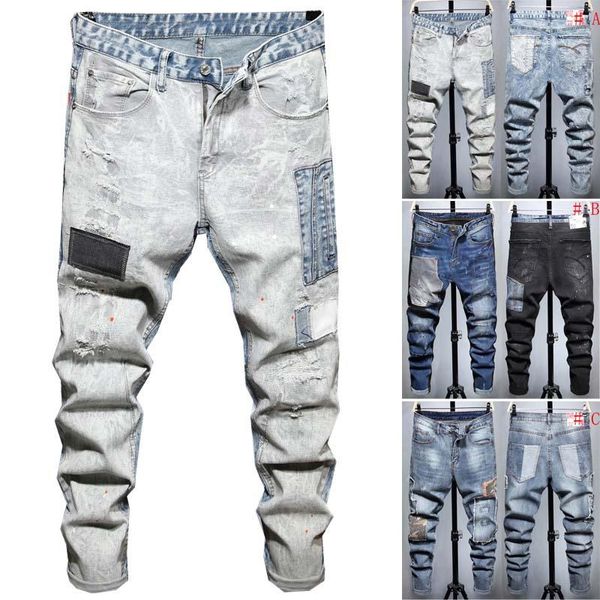 

men's jeans fashion skinny ripped slim fit pants stretch long men, Blue