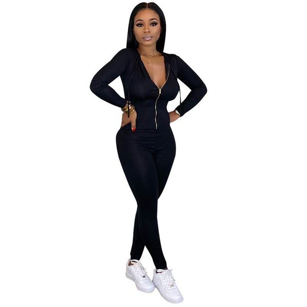 

women's jumpsuits & rompers solid color zipper hoodie jumpsuit, Black;white