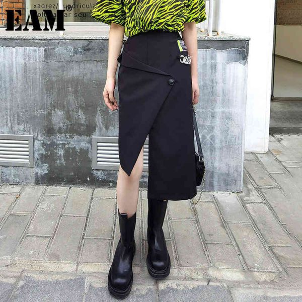 

[eam] high elastic waist black irregular single button half-body skirt women fashion spring summer 1dd8798 210512