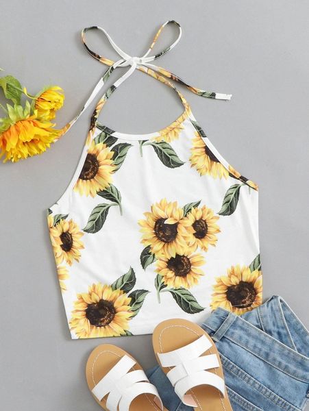 

tie back sunflower print halter t1l3#, White