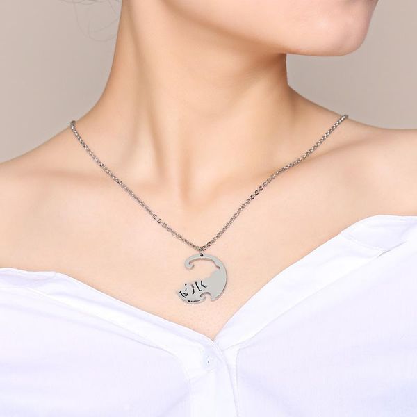 

fashion girls or boy necklace personalized girl lovers letter pendants stainless steel girlfriend jewelry cat chains, Silver