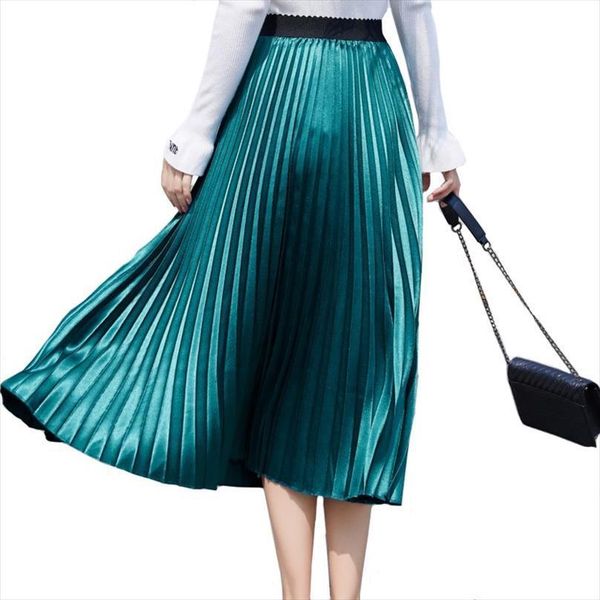 

summer fashion long peacock women skirt blue pleated stretch high waist lining a line, Black
