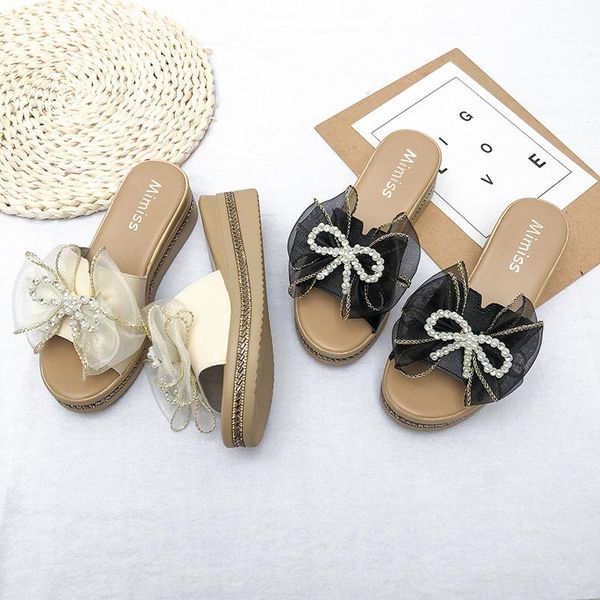 

on a wedge shoes woman's slippers platform med luxury slides butterfly-knot 2021 designer flat rubber basic pu, Black