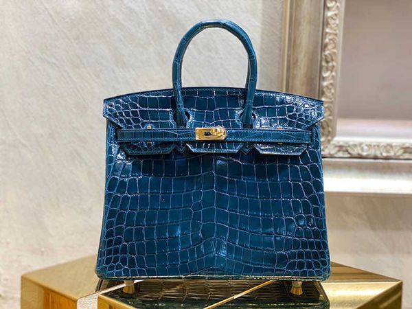 

2021 hand bag beeswax thread fully hand-stitched high-definition leather denim blue high-gloss nile crocodile customization all-match