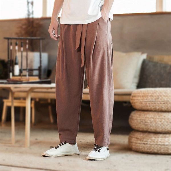 

men's pants linen loose harem 2021 chinese style large size wide leg casual cotton fashion x1oj, Black