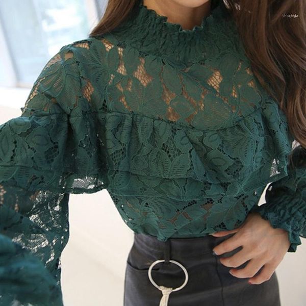 

summer women hollow out long sleeve casual lace floral blouse shirt1, White