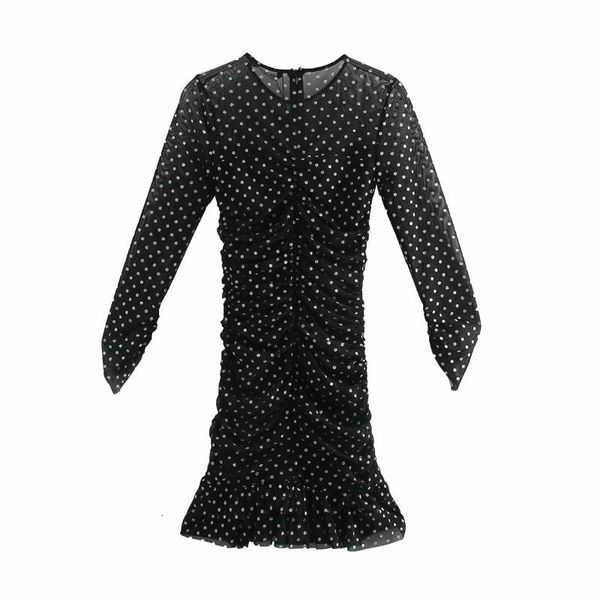 

casual dresses women fashion polka dot print za mesh black mini female long sleeve o-neck pleated ruffles dress chic genq, Black;gray