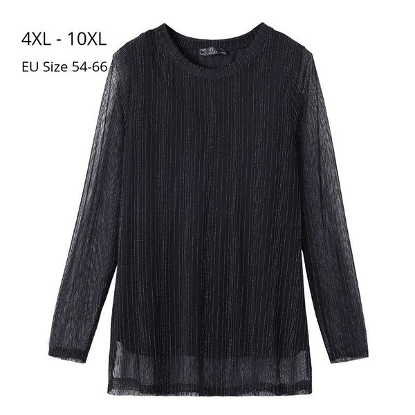 

polo plus size 10xl 8xl 6xl 4xl women long sleeves spring t shirt femme o neck striped mesh fabric slim tee shirts for mujer, White