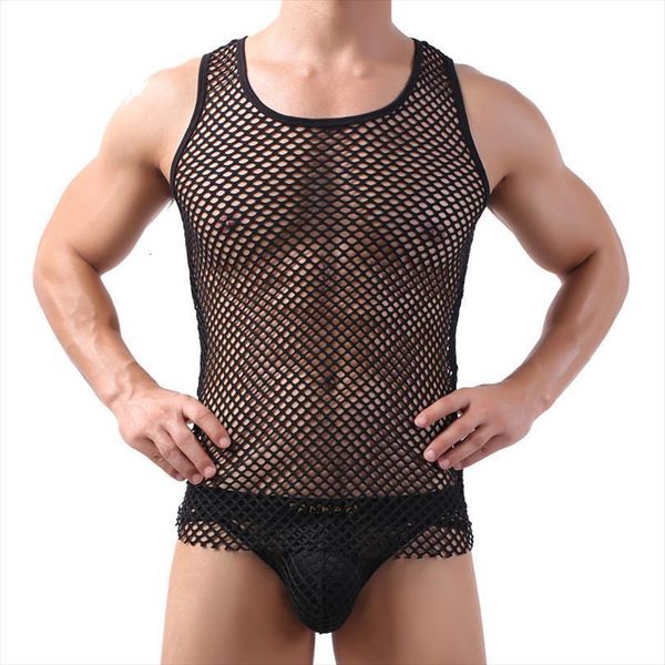

fashion breathable mens men black white fishnet transparent vest net mesh gay see thru lounge funny shirt undershirt, White;black