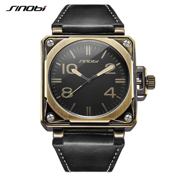 

wristwatches sinobi sport men wrist watches bronze case durable black leather watchband square shape cowboy style casual man quartz watch, Slivery;brown