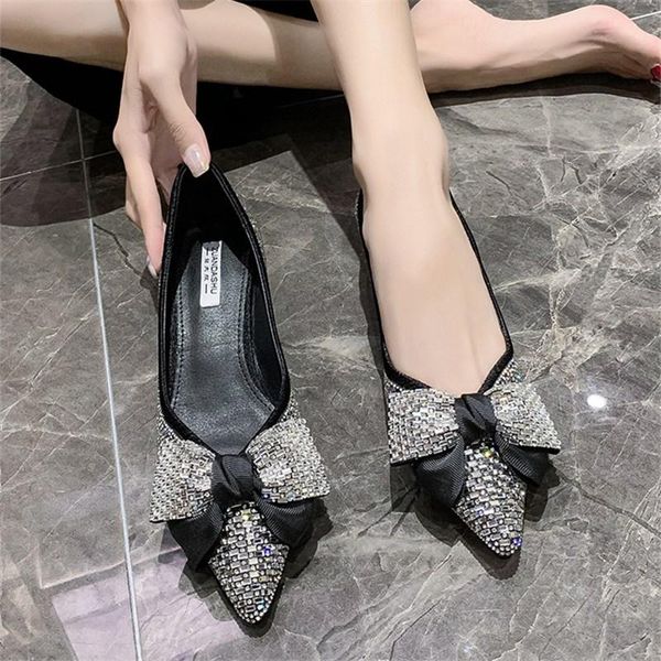 

rhinestone bow high heels women's 2021 spring low-heeled shallow pointy banquet dress single shoes bridesmaid wedding, Black