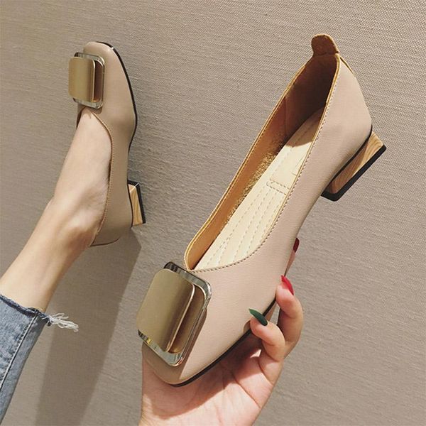 

dress shoes women pu leather low heel ladies wooden ballet square toe shallow buckle brand pumps woman slip on female cone heels, Black