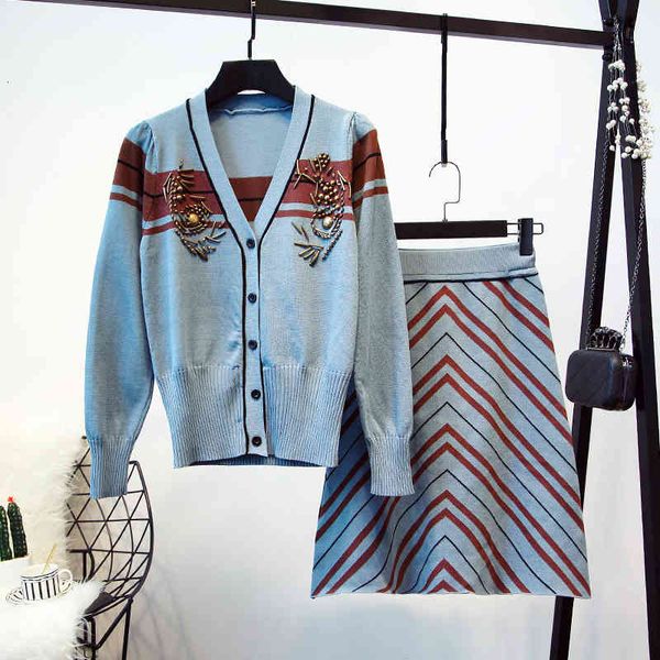 

two piece dress 2021 autumn/winter elegant women's suit cardigans coat + knitting skirts 2 joint parts a761, White