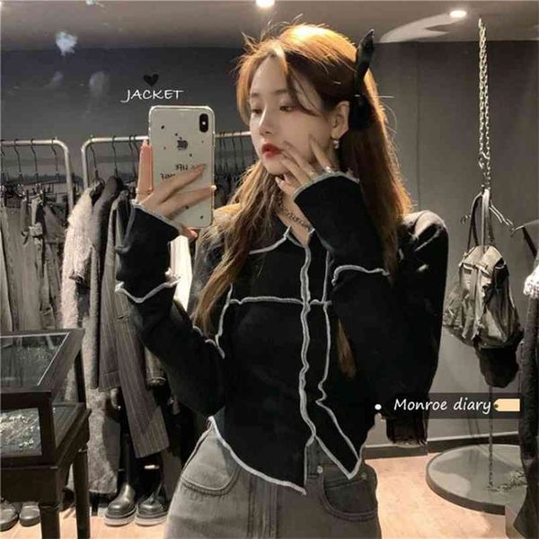

spring black lapel knit cardigan women's loose outer wear sweater jacket short c629 210506, White