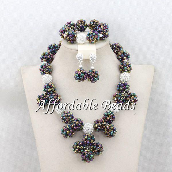 

earrings & necklace black women costume jewelry set vintage wedding african crystal beads bn146, Silver
