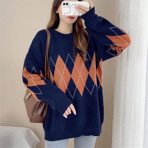 

women's sweaters autumn winter achic plaid sweater women ribbed knit pullovers korean casual loose knitted top, White;black