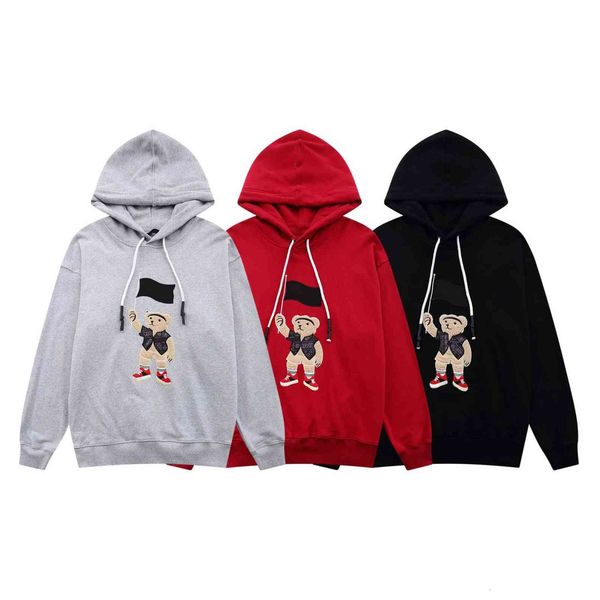 

bear raising flag embroidery casual hoodie loose terry fabric spring and autumn trend coat, Black