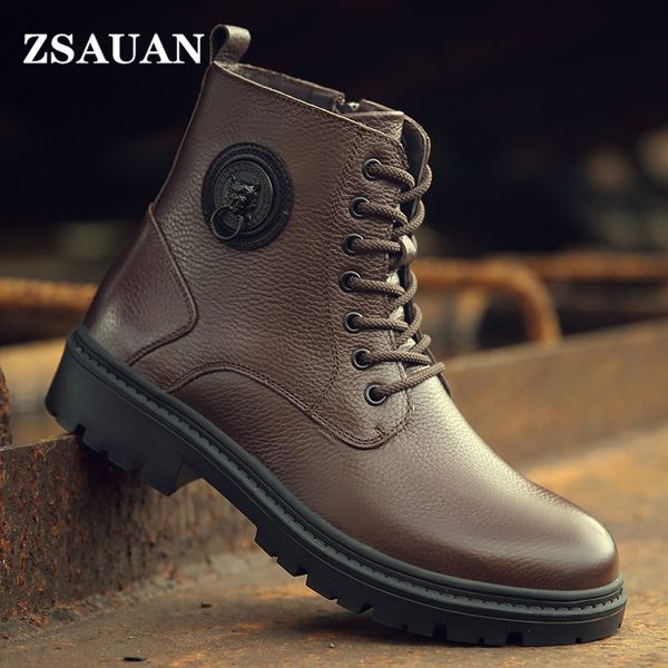 

autumn winter men cow leather high men boots retro british zipper ankel boots men military combat snow boots, Black