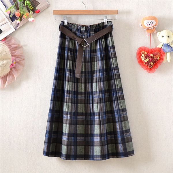 

skirts winter wool blend plaid a-line long with sashes elastic waist preppy style check printed pleated calf 2hqw, Black