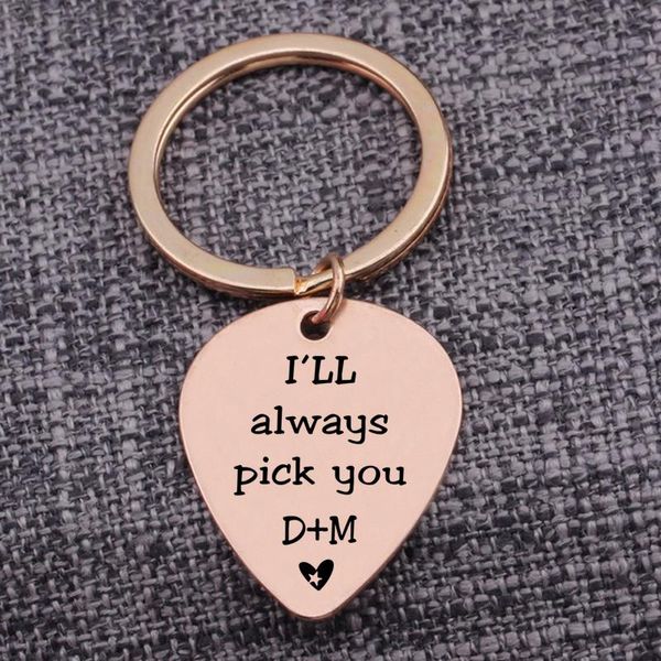 

keychains for couple husband wife lover gifts key ring guitar pick i`ll always you customized initial name letter engraved, Silver
