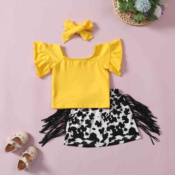 

2 7y summer fashion kids girls clothes sets ruffles sleeve solid t shirts leopard tassel shorts headband 3pcs, White