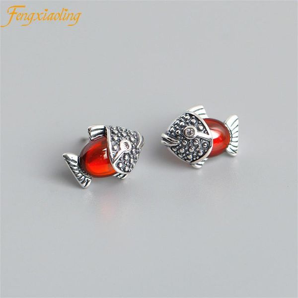 

stud genuine 100% 925 sterling silver red crystal fish earrings for women vintage thai fashion party jewelry, Golden;silver
