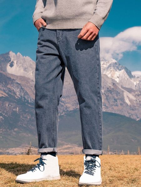 

men slant pocket loose fit straight leg jeans f8ig#, Blue