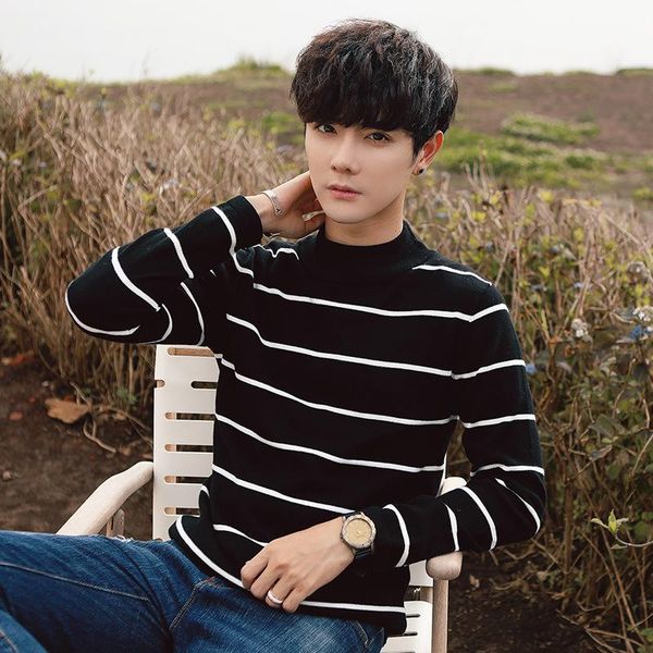 

men's sweaters 2022 autumn leisure versatile striped sweater youth half turtleneck casual, White;black