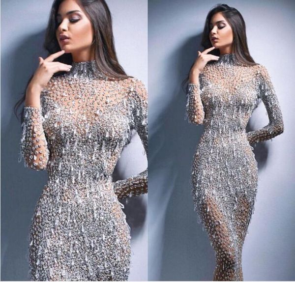 

evening dress women dress yousef aljasmi zuhair murad long sleeve high neck myriam fares tassel sequines mermaid sheath kim kardashian kylie, Black;pink