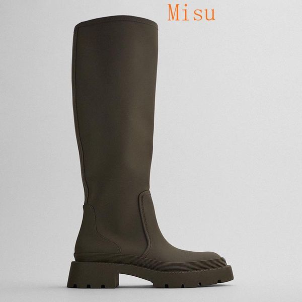 

women's shoes high boots khaki green laminated flat winter long, Black