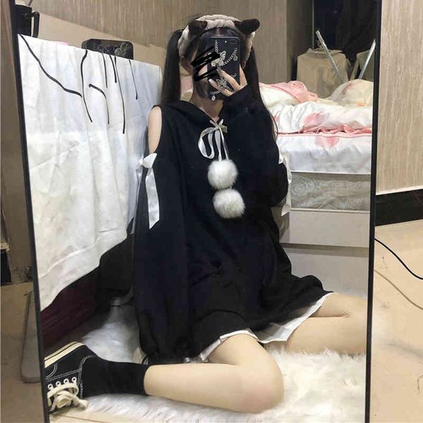 

off shoulder kawaii women black hoodie harajuku cute long sleeve oversized lace up hooded sweatshirt teen girl lolita clothes