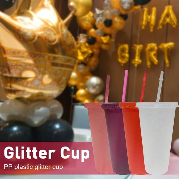 

mugs 5pcs 473/700ml flash powder shiny glitter plastic tumbler with lid straw cup cold coffee juice tea travel mug drink bottle
