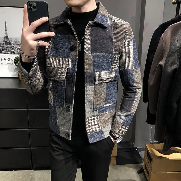 

men's wool & blends autumn 2022 winter mens vintage warm plaid trench woolen coat slim fit casual jackets male turn-down collar jacket, Black